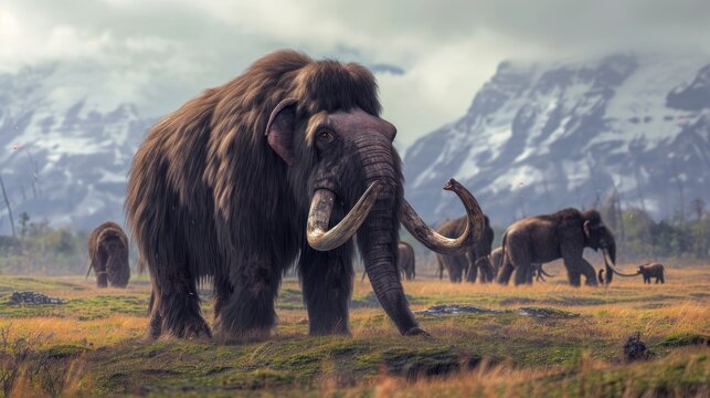 A group of mammoth walking in grass land in ancient prehistoric enviroment.