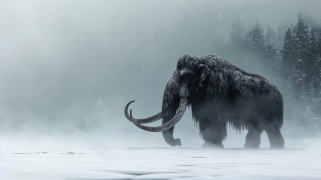Mammoth walking in snow field in freezing winter.
