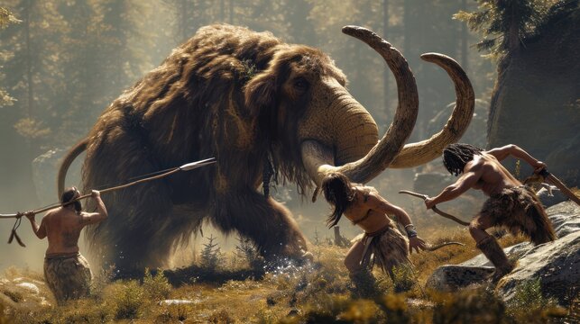 Hunting scene of primitive caveman attacking a giant mammoth in wild field.
