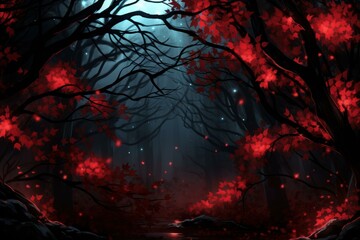 Red leaves night foliage. Summer fantasy. Generate Ai