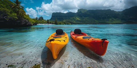 Two adventurers transport their kayaks to the beach, their minds set on exploring the vast expanse of sky and water that awaits them on their journey through the mountainous landscape