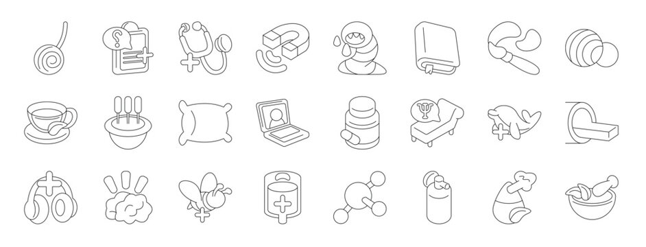 set of 24 outline web therapy icons such as hypis, question, doctor, magnet, leech, reading, painting vector icons for report, presentation, diagram, web design, mobile app