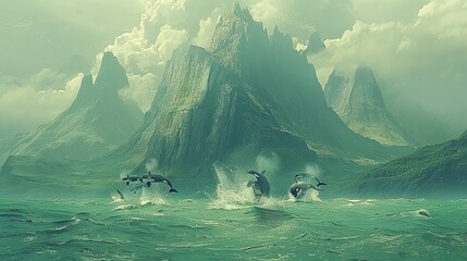 Mystical Orcas Leaping in Misty Mountainscape - obrazy, fototapety, plakaty