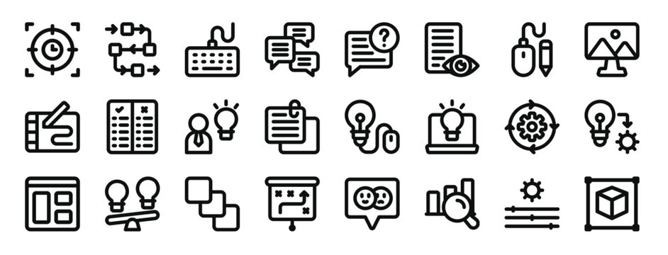 set of 24 outline web design thinking icons such as target, step, keyboard, feedback, question, document, mouse vector icons for report, presentation, diagram, web design, mobile app