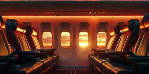 Premium cabin seats in warm sunset glow inviting comfortable air travel - obrazy, fototapety, plakaty