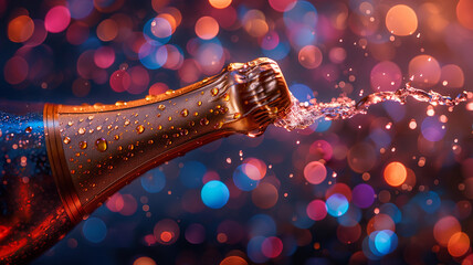 a popping bottle of champagne on colored background - obrazy, fototapety, plakaty