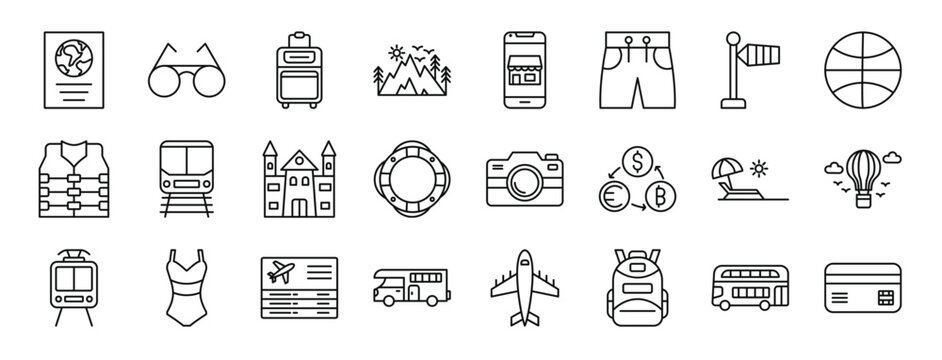 set of 24 outline web travel icons such as passport, sunglasses, suitcase, mountain, online booking, shorts, wind vector icons for report, presentation, diagram, web design, mobile app