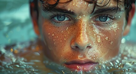 Submerged in a world of blue, a human face emerges from the water, reflecting a peaceful portrait of tranquility and grace - obrazy, fototapety, plakaty