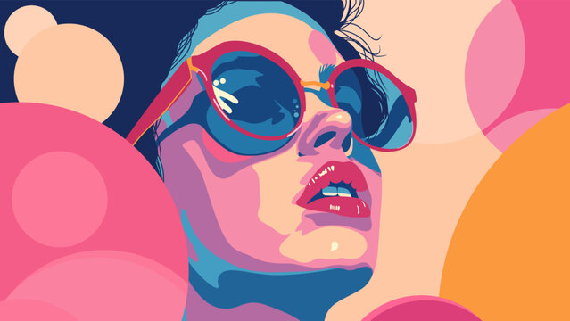 Pop art colorful vector illustration of a young woman's head over abstract background. Conceptual poster of young female in sunglasses. Modern pop art retro colours poster