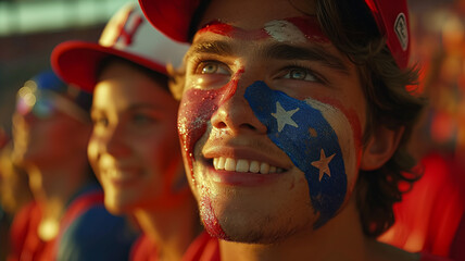 A sports fan with his face painted on the American flag is in the stands - obrazy, fototapety, plakaty