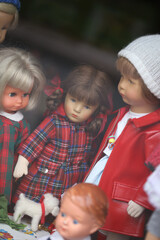 Old retro kinds puppets in forgotten from time kids shop close up background high quality big size...