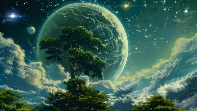 a planetary landscape with beautiful trees. Seamless looping time-lapse virtual 4k video animation background