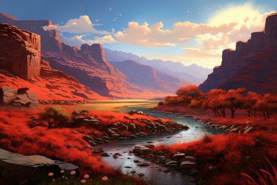 Red fantasy river landscape. Cosmos moon. Generate Ai
