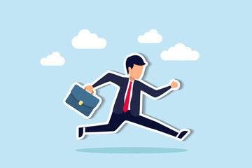 Business drive and agility lead to success in rapidly changing competition, posing career challenges, confident motivated businessman holding briefcase running with full effort to win competition.