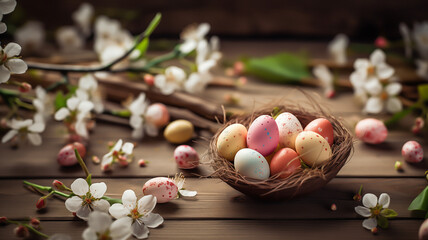 Obraz na płótnie Canvas Colorful Easter Egg and Flower on Wood Background, Perfect for Easter theme Designs