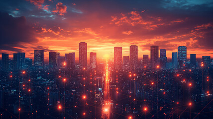 Obraz premium View of a city with high-rise buildings and technological infrastructures