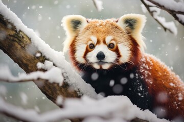Red panda winter snow. Fur resting tropical. Generate Ai
