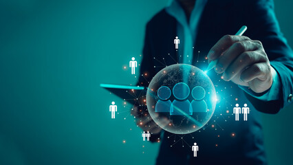 Businessman use a stylus pen in the selection of business target groups. Target customer, Customer...