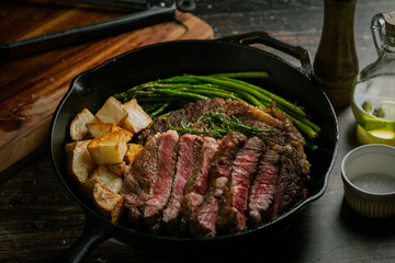 sliced ribeye steak in iron cast skillet pan