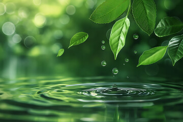 Naklejka na ściany i meble green leaf with water drops