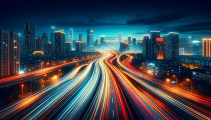 Fototapeta na wymiar Futuristic Cityscape with Glowing Traffic Light Trails at Twilight