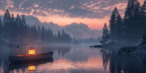 Fotobehang Tranquil lake scene with a canoe and lantern reflecting the serenity of nature at sunset © maniacvector