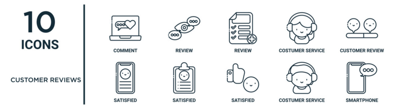 Customer Reviews Outline Icon Set Includes Thin Line Comment, Review, Customer Review, Satisfied, Costumer Service, Smartphone, Satisfied Icons For Report, Presentation, Diagram, Web Design