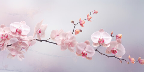 Delicate Pink Blossoming Sakura Tree on Decorative Floral Background with Fresh White Petals and Sunny Blue Sky