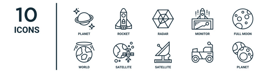 outline icon set includes thin line planet, radar, full moon, satellite, , planet, world icons for report, presentation, diagram, web - obrazy, fototapety, plakaty