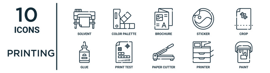 printing outline icon set includes thin line solvent, brochure, crop, print test, printer, paint, glue icons for report, presentation, diagram, web design - obrazy, fototapety, plakaty