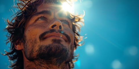 A contemplative man gazes upward, his bearded face reflecting the vast expanse of the sky, his moustache quivering in the wind as he ponders the mysteries of the universe