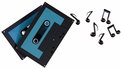 3d rendering of cassette and musical notes on the white background