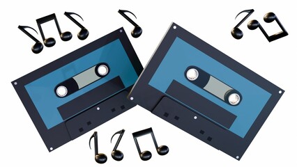 3d rendering of cassette and musical notes on the white background