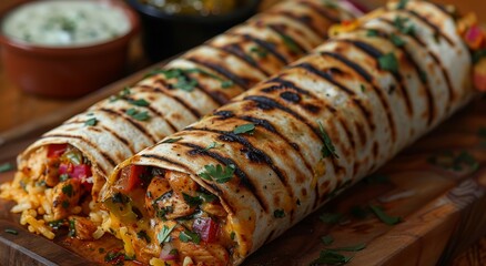 An enticing close-up of a mouth-watering burrito, bursting with flavor and perfectly wrapped in a soft tortilla, invites you to indulge in a satisfying fast food experience indoors