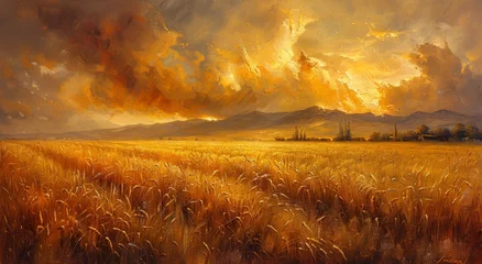 Foto op Plexiglas A majestic prairie landscape, painted with a golden sunset sky, adorned with billowing clouds, and framed by a field of swaying wheat, all against the backdrop of towering mountains © Larisa AI