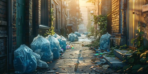 Urban alleyway with overflowing trash bags in morning light, a scene of neglect and urban decay - obrazy, fototapety, plakaty