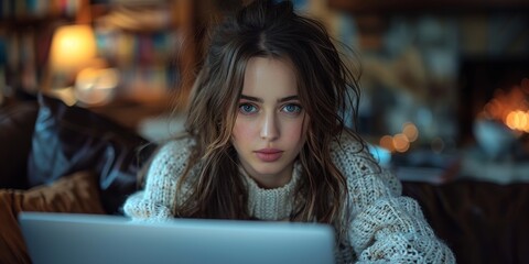 A stylish girl sitting indoors, her face illuminated by the glow of her laptop screen as she gazes confidently into the camera, exuding determination and grace