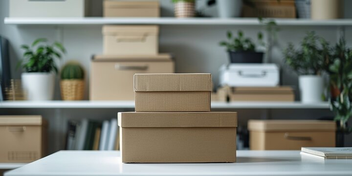 Cardboard boxes stacked on a clean desk against a minimalist office background