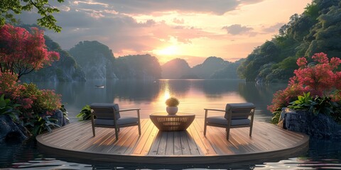 Serene lakeside terrace with sunset view and comfortable outdoor seating - obrazy, fototapety, plakaty