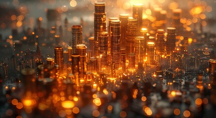 Fototapeta premium The glistening gold lights of the towering skyscrapers in this city create a breathtaking skyline against the dark night sky, illuminating the bustling streets below