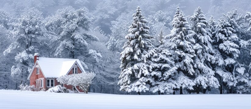 A red brick house stands out against a backdrop of snow-covered fir trees in a winter wonderland setting. The contrast between the vibrant red of the house and the white snow creates a striking scene.