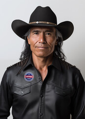 Portrait of a Native American Indian man in a black leather jacket and black cowboy hat with an I VOTED TODAY sticker