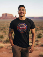 Fototapeta na wymiar Portrait of a young Native American Indian man wearing a VOTE t-Shirt