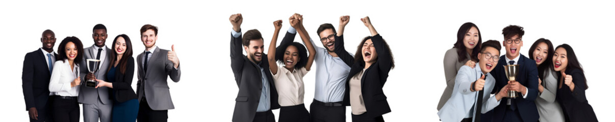 Group of young businesspeople successful business team with happy Smiling Professionals and holding trophy, Standing Together, isolated on white background, png