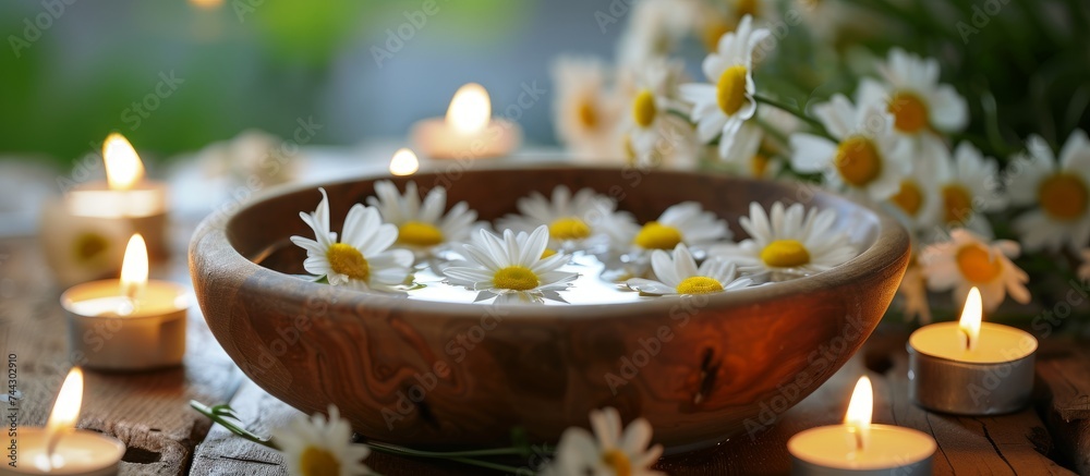 Canvas Prints Elegant arrangement of assorted flowers and glowing candles on a wooden table