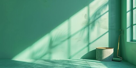 Refreshing corner room with a newly painted soothing sea green wall and sunlight - obrazy, fototapety, plakaty