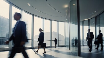 Fototapeta na wymiar businesspeople walking in the corridor of an business center, pronounced motion blur, crowded bright modern light office movement defocused. office background busy