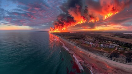 Aerial View of Beach Fire Disaster at Sunset