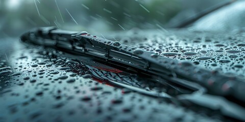 Raindrops on car with windshield wipers during a nighttime downpour, city lights blurred in background. - obrazy, fototapety, plakaty