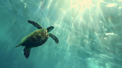 Green Sea Turtle Cruising in the warm waters of the Pacific Ocean - obrazy, fototapety, plakaty